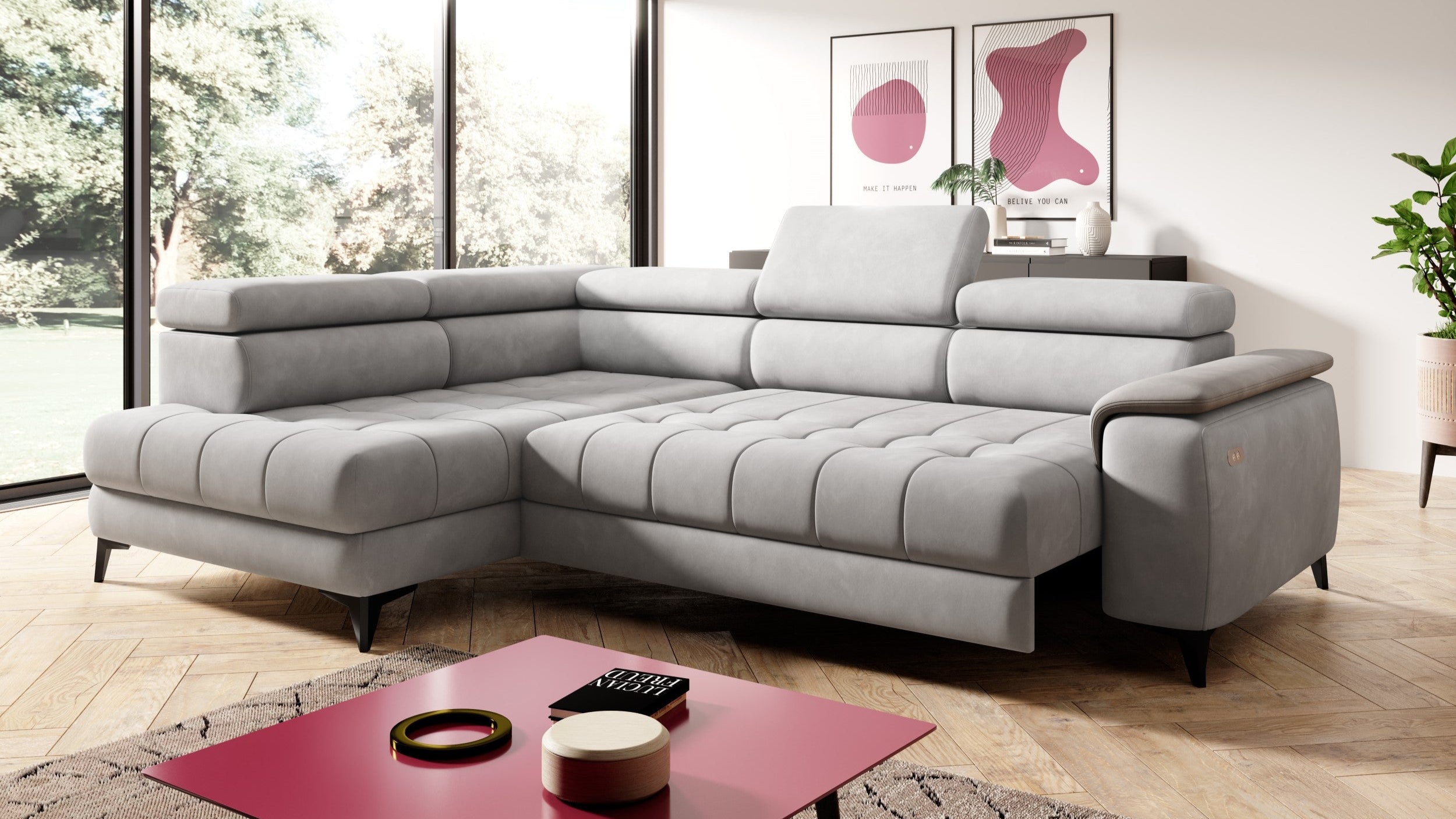 CHIVAS L - Grey Corner Sofa with Electrically Extendable Seat