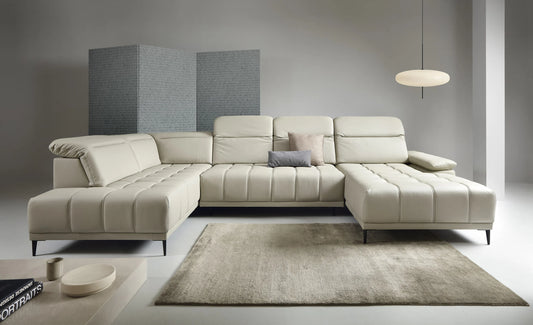 FOCUS XL Cream Large U-Shaped Genuine Leather Corner Sofa with Electrically Extendable Seat