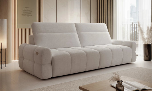 White sofa Mateo in a modern living room setting with neutral decor.