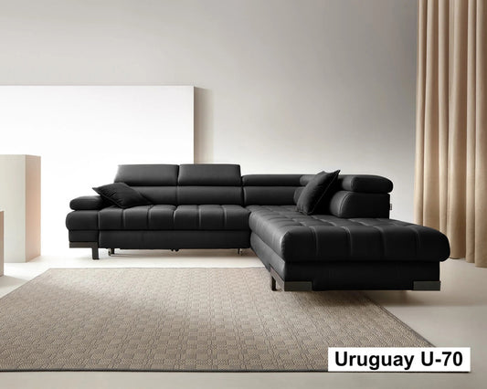 SELVA L BLACK LEATHER CORNER SOFA
