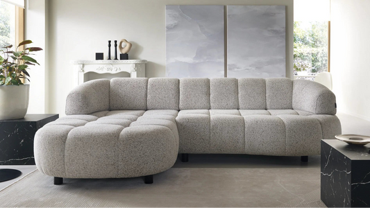 VELPA S Grey Tufted  Corner Sofa with Motorised Seat Extension in a living room setting with a neutral color palette.