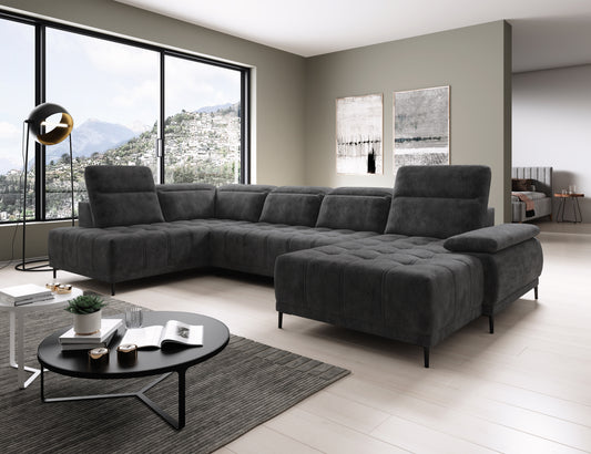 FOCUS XL Brown Large U-Shaped Corner Sofa with Electrically Extendable Seat