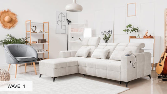 Ines Off White Corner Sofa Bed with Chaise Storage