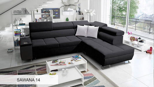 Minos VII Black Corner Sofa Bed With Chaise Storage