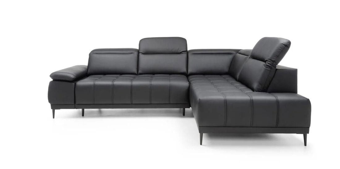 FOCUS L Black General Leather Corner Sofa with electrically extendable seat