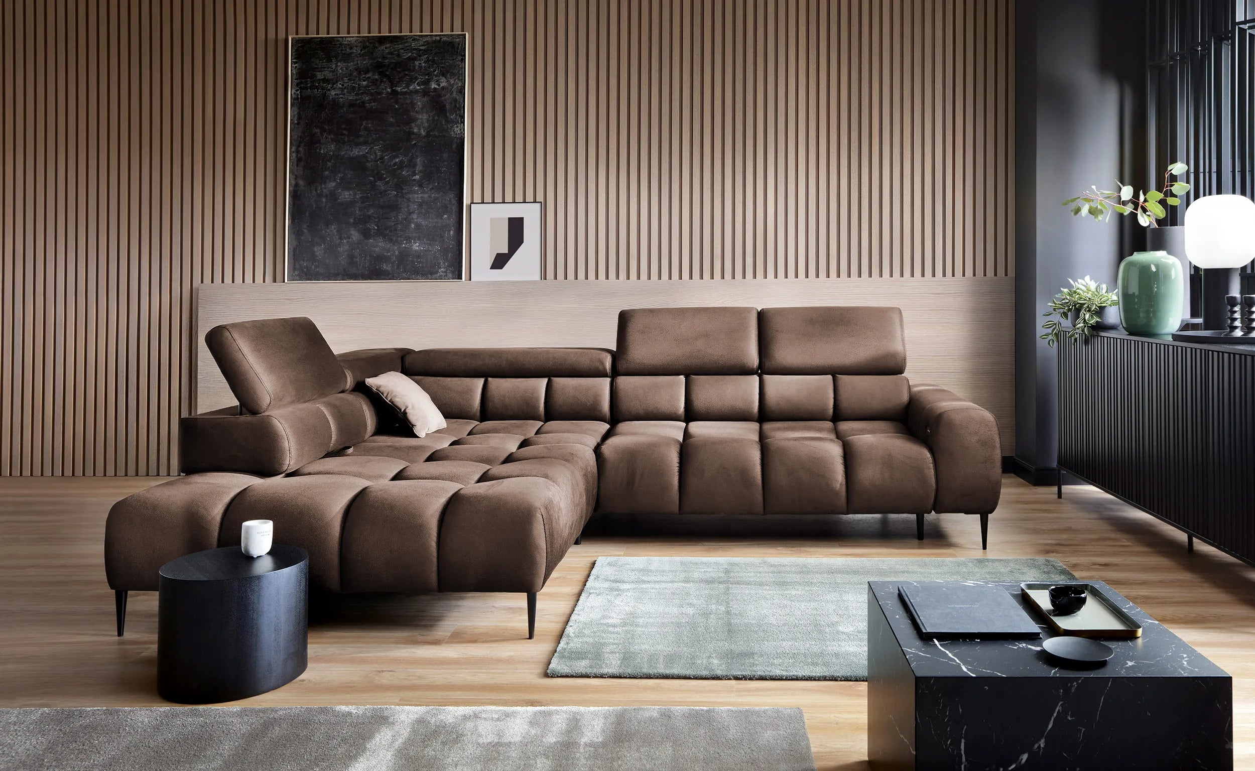 PLAZA L Green Fabric Corner Sofa with Electrically Extendable Seat