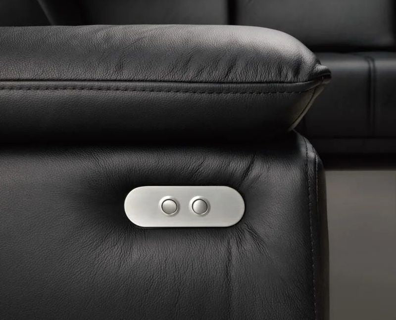 FOCUS L Black General Leather Corner Sofa with electrically extendable seat. Close image of swith