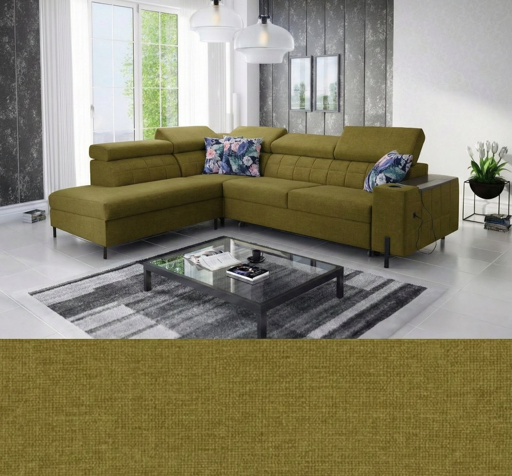 Green sectional Gush III corner sofa bed in a modern living room with a coffee table and decorative pillows.