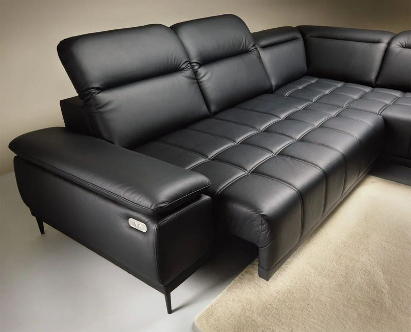 FOCUS L - Genuine Black Leather Corner Sofa with Electrically Extendable Seat