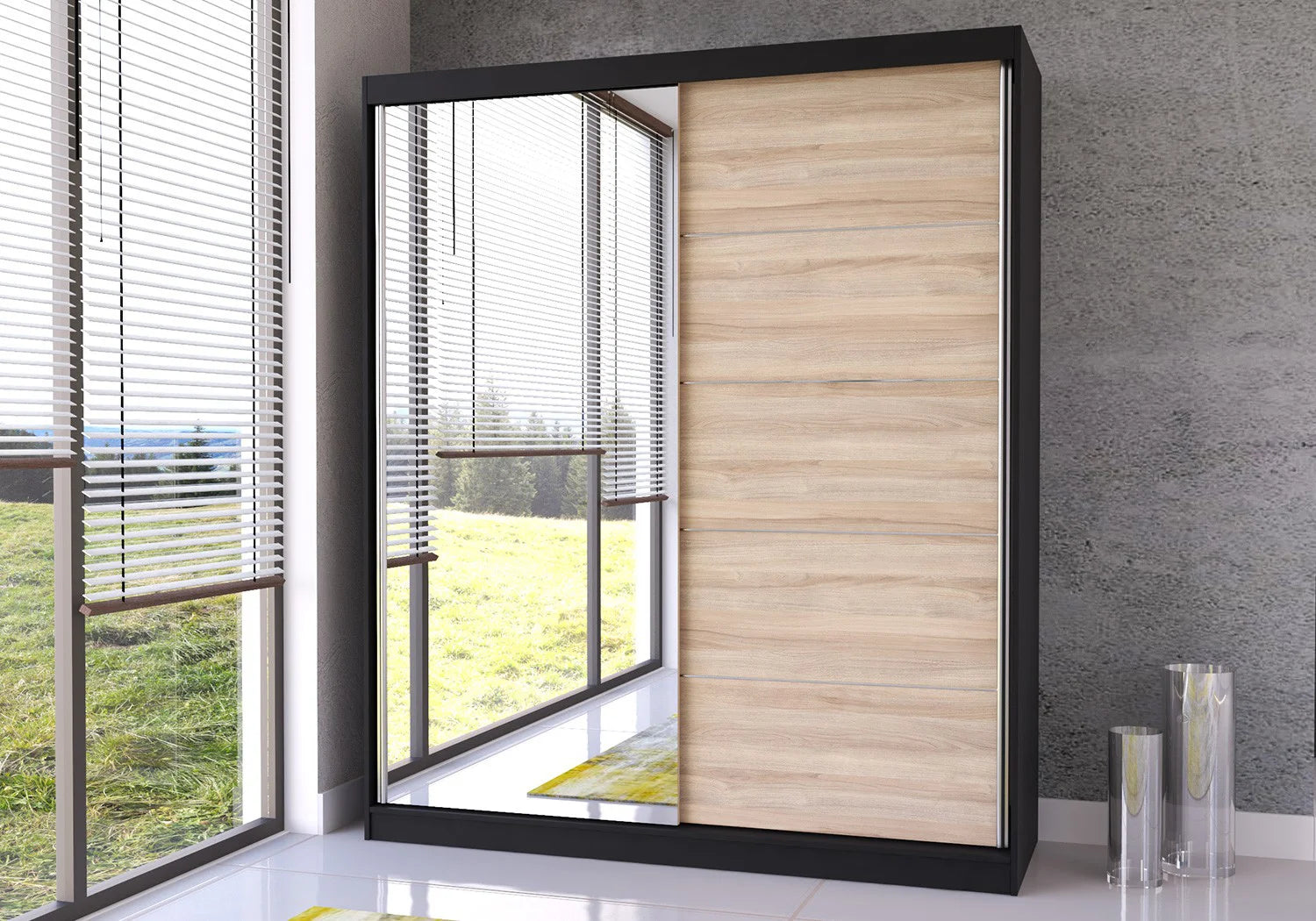 BELLA - Wardrobe with Sliding Doors 183 cm x 61 cm Black, Sonoma Oak with Mirror