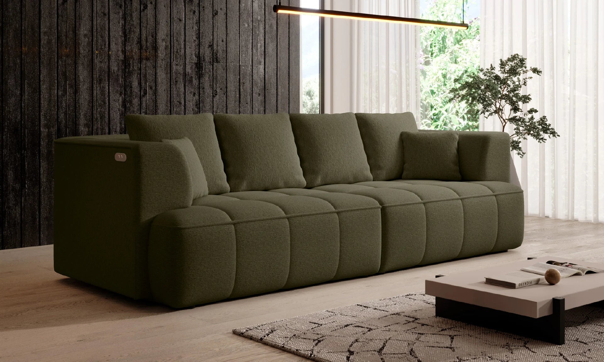 Grey Albion sofa bed in a modern living room with wooden floor and large windows.