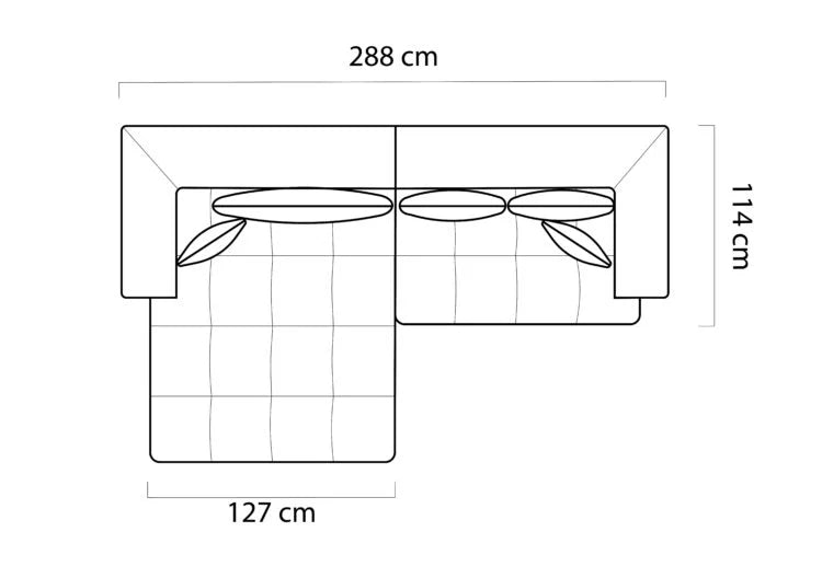 Technical drawing of a ALBIO S corner sofa with dimensions labeled