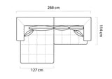 Technical drawing of a ALBIO S corner sofa with dimensions labeled