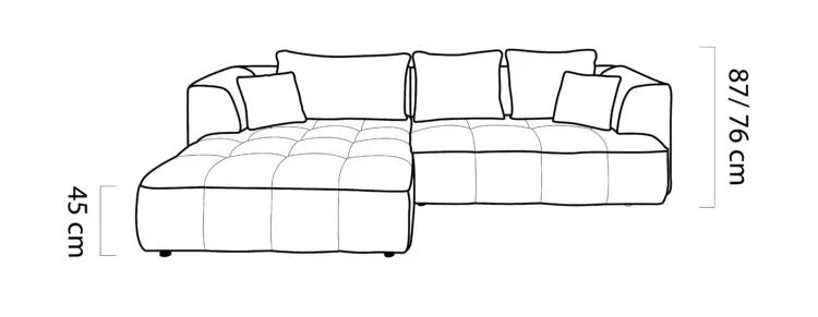 Line drawing of a ALBIO S corner sofa with dimensions labeled