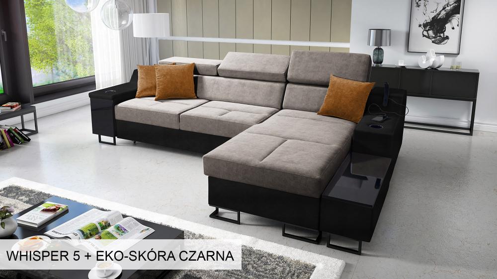 Alicante I Maxi corner sofa bed, grey and black with gold pillows 