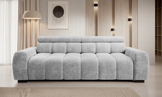 Bull 4 seater Gray sofa in a modern living room with wooden walls and a lamp.