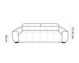 Line drawing of a sofa Bull with dimensions on a white background