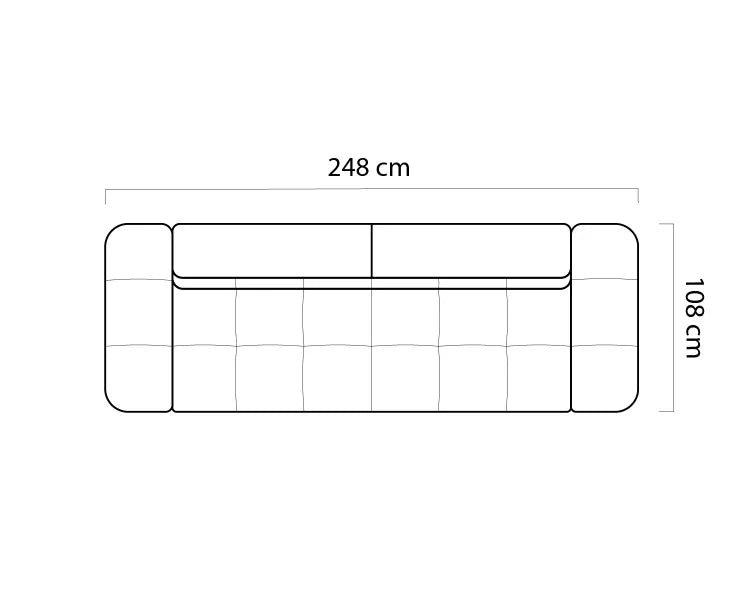Line drawing of a sofa Bull with dimensions labeled