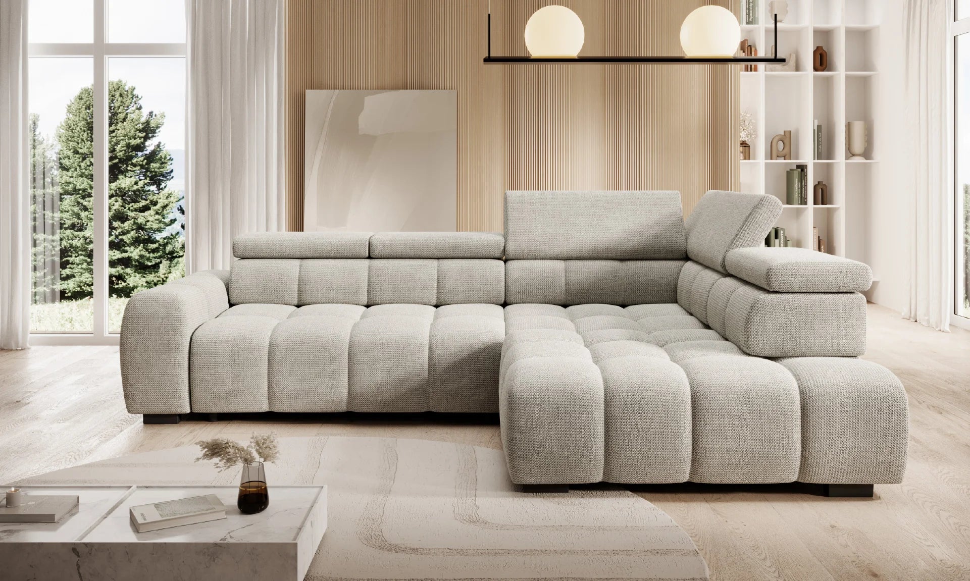 BULL L Gray sectional L SHAPE CORNER sofa in a modern living room with large windows and decor.