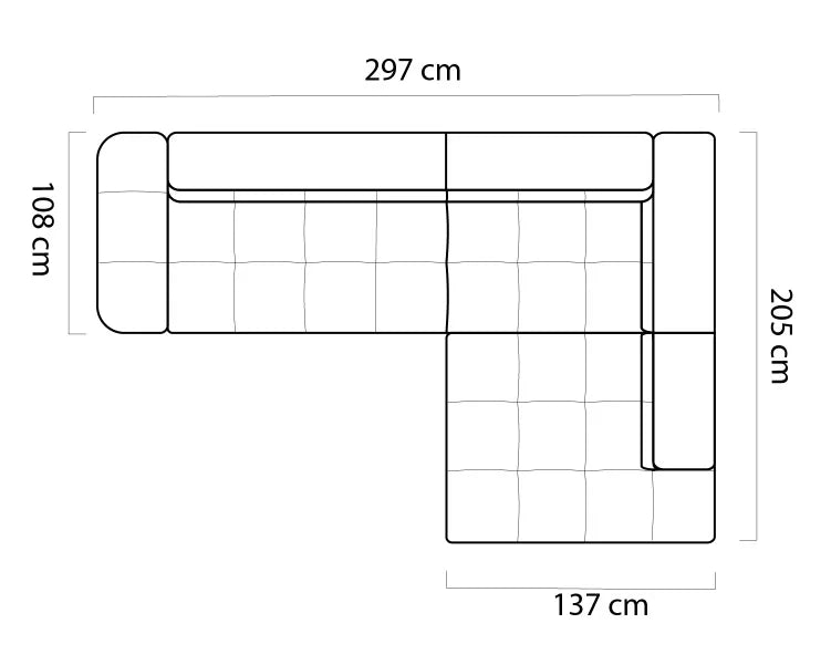 Dimensions of a sectional corner sofa BULL L with grid lines on a white background