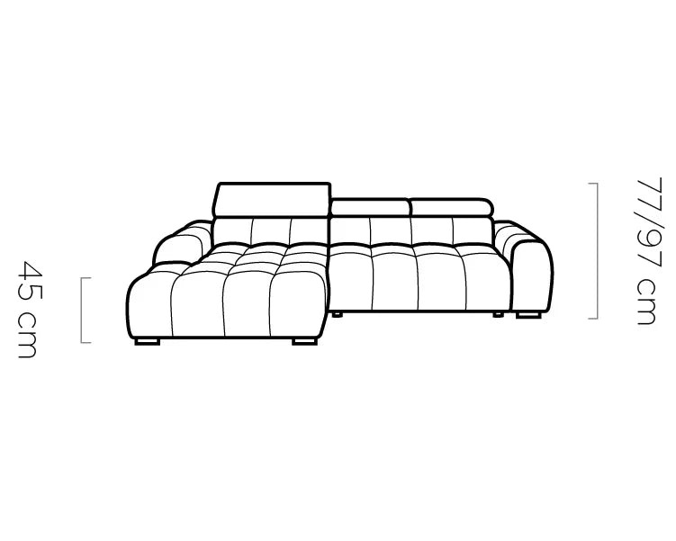 BULL S  Line drawing of a l shape corner sofa with dimensions labeled