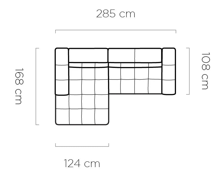 BULL S  corner sofa Dimensions of a rectangular object with measurements in centimeters.