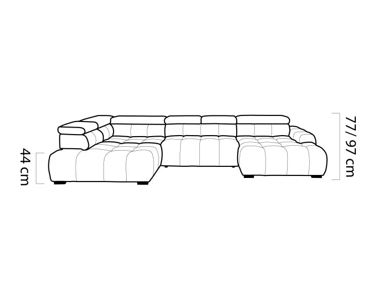 Line drawing of a sectional sofa with dimensions on a white background