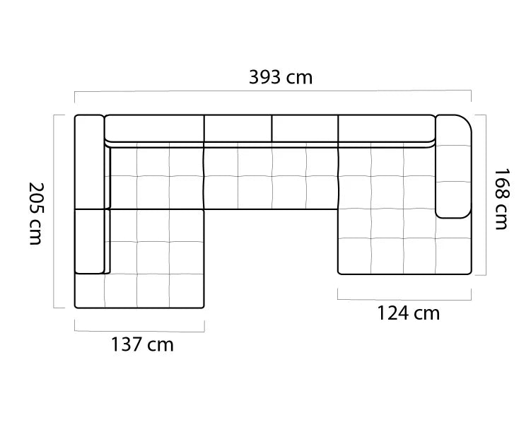 Top-down diagram of a sectional sofa with dimensions labeled.