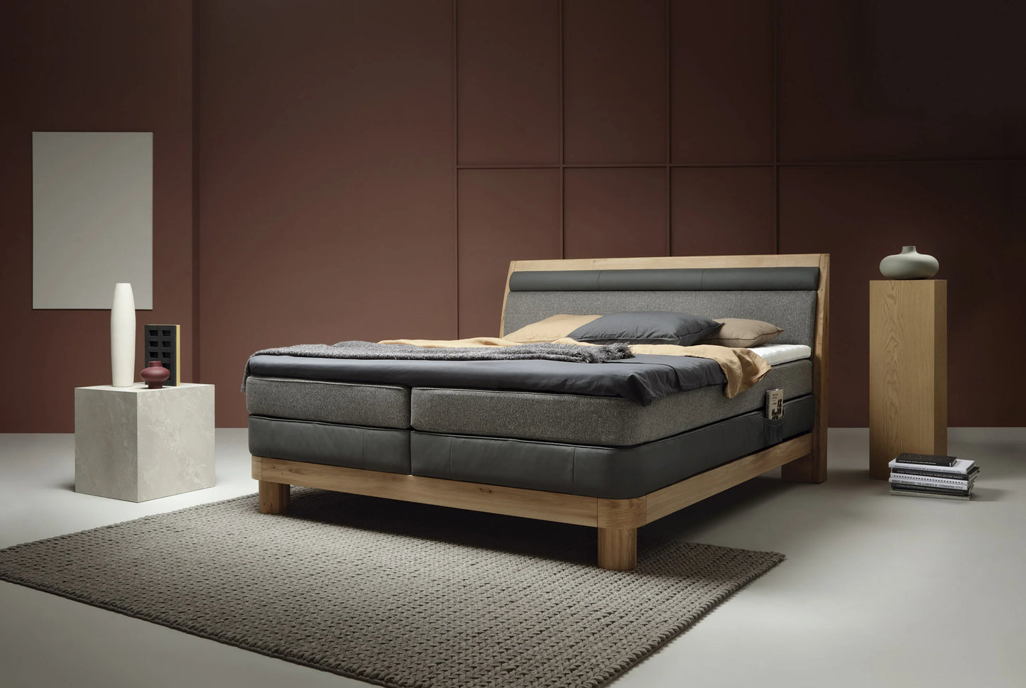 Donna Bed | Oak Frame with Upholstered Headboard and Dual Mattress System for Ultimate Comfort