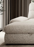 Gray textured Galiano S - Corner Sofa Bed with Ottoman Storage in a room with curtains and a plant.