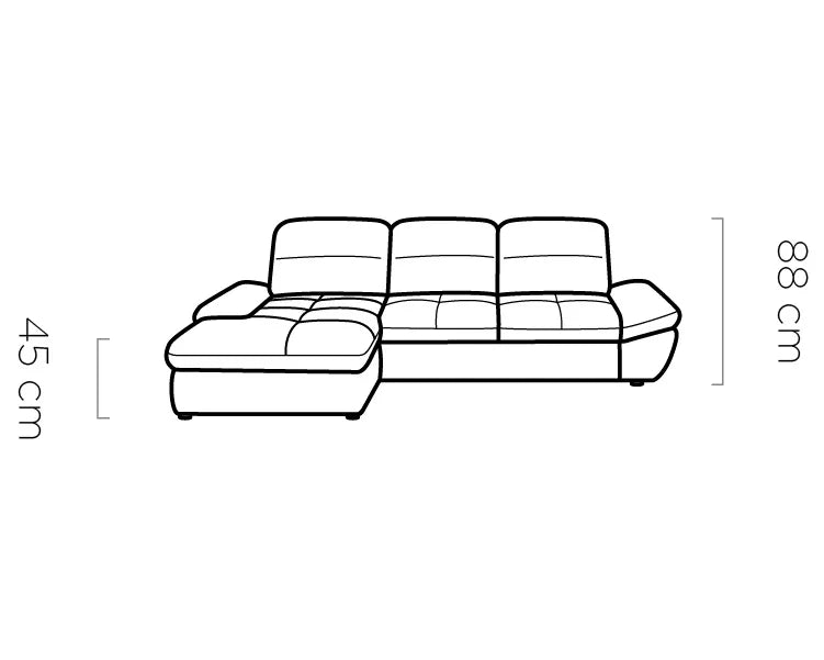 Line drawing of a sectional sofa with dimensions labeled.