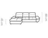 Line drawing of a sectional sofa with dimensions labeled.