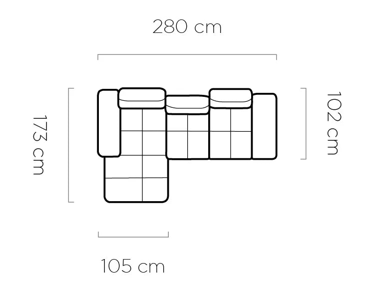 Dimensions of a Galiano S - Corner Sofa Bed with Ottoman Storage with measurements in centimeters.