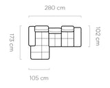 Dimensions of a Galiano S - Corner Sofa Bed with Ottoman Storage with measurements in centimeters.