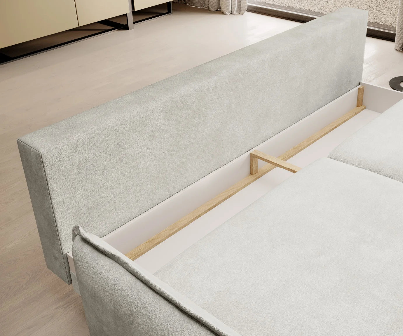 GLOSSY GREY SOFA BED WITH STORAGE, STORAGE CLOSEUP IMAGE