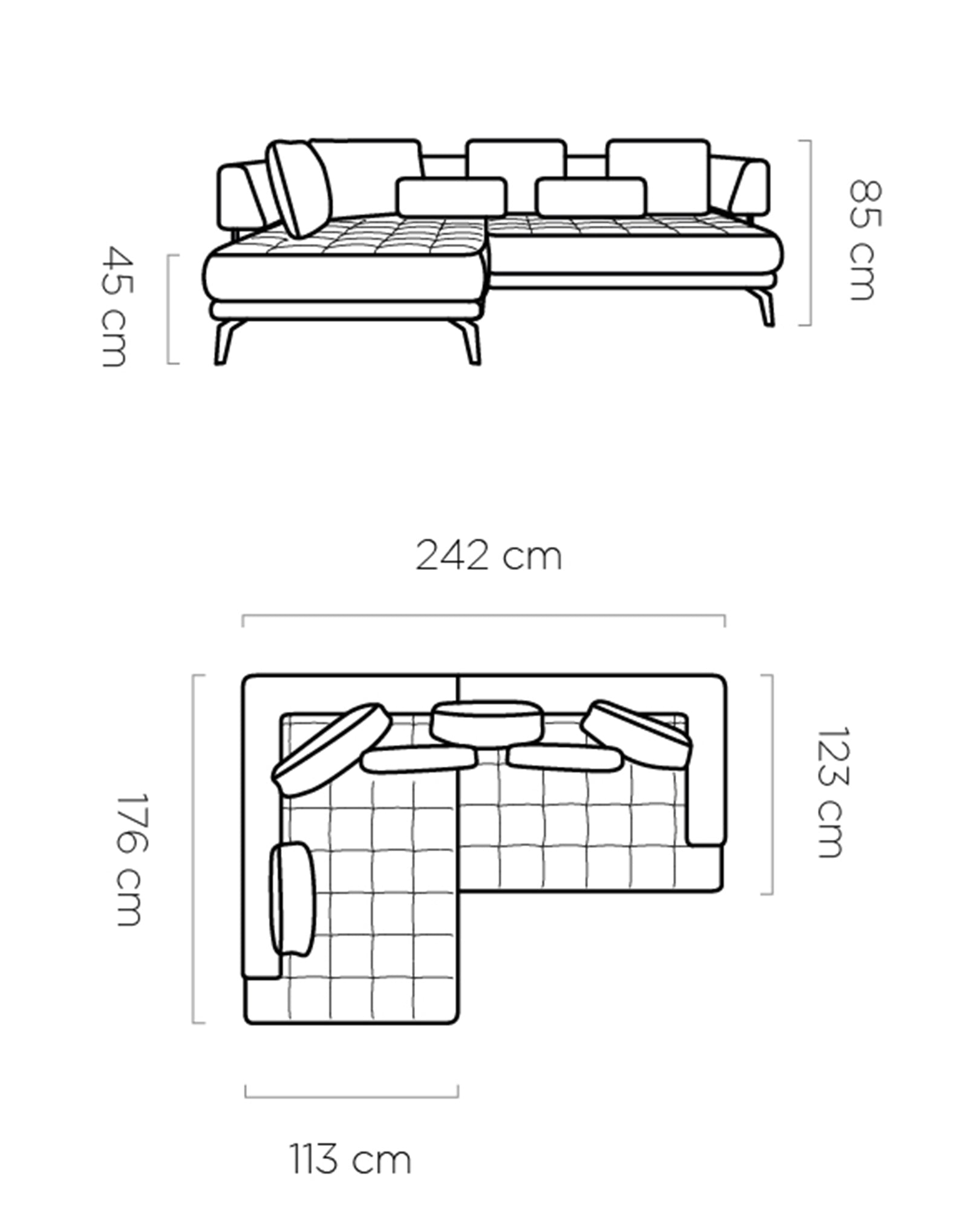 GIOTTO L FABRIC CORNER SOFA WITH ELECTRIC SEAT ADJUSTMENT DIMENSION IMAGE