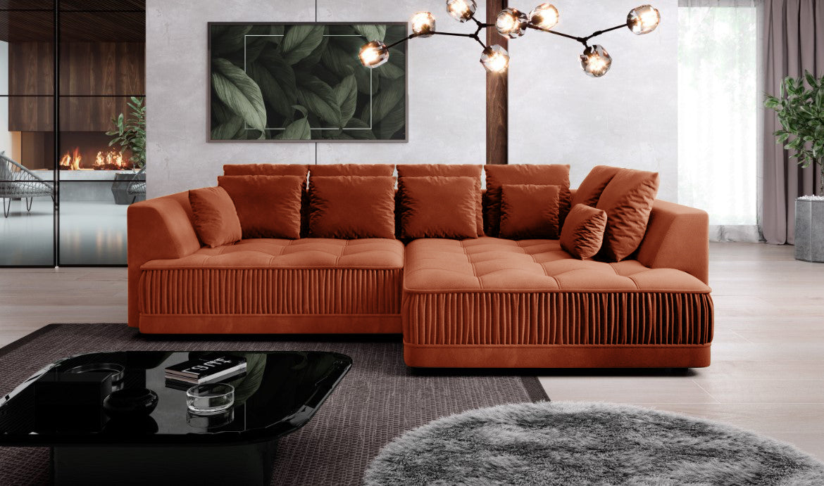 Right Hand Corner Sofa Zonda Velvet Fabric  Rust Colour 