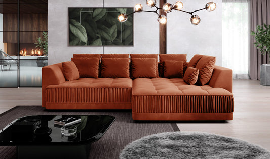 Right Hand Corner Sofa Zonda Velvet Fabric  Rust Colour 