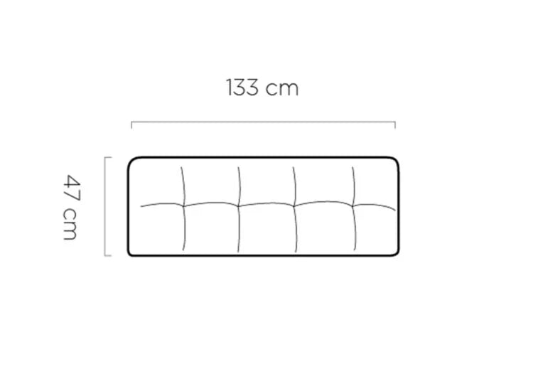 MILO Pouffes measurement chart showing a rectangular object with dimensions 47 cm and 133 cm on a white background.