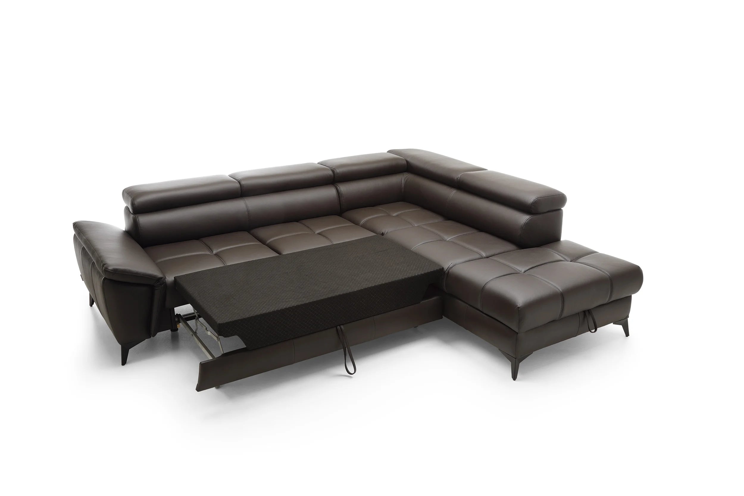 MOCCA L NATURAL LEATHER CORNER SOFA WITH SLEEP FUNCTION AND STORAGE IMAGE OF THE UNFODED BED