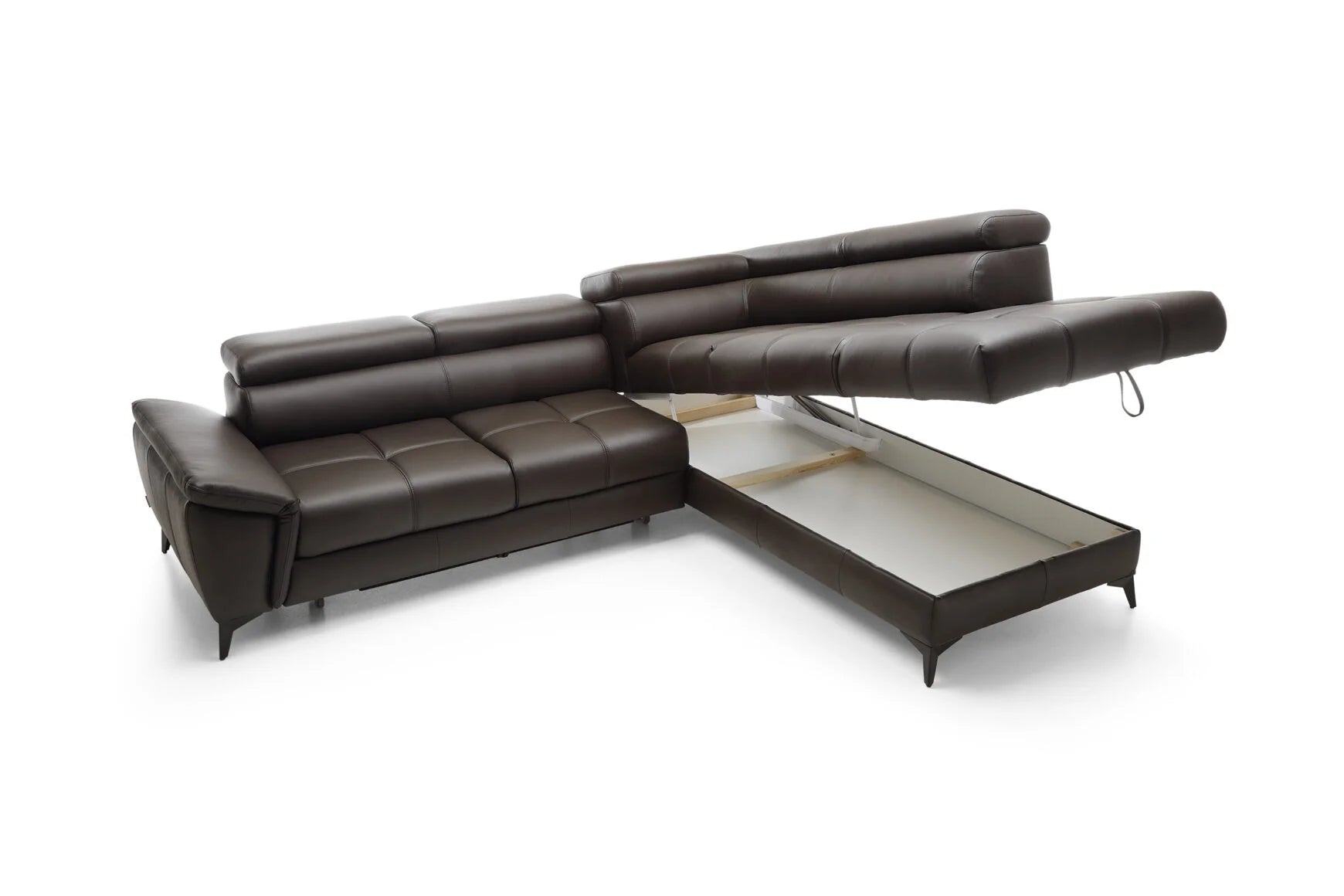 MOCCA L BLACK NATURAL LEATHER CORNER SOFA WITH SLEEP FUNCTION AND STORAGE