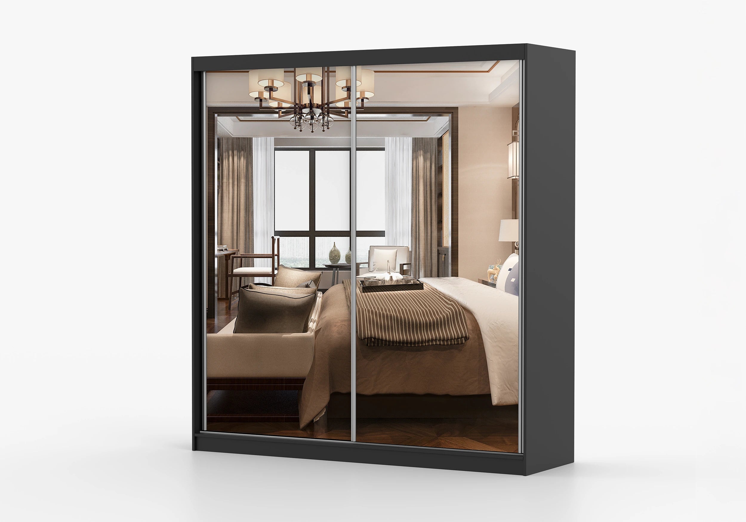 MULTI II - Wardrobe with 2 Sliding Doors Black with Mirror 203 cm x 218 cm