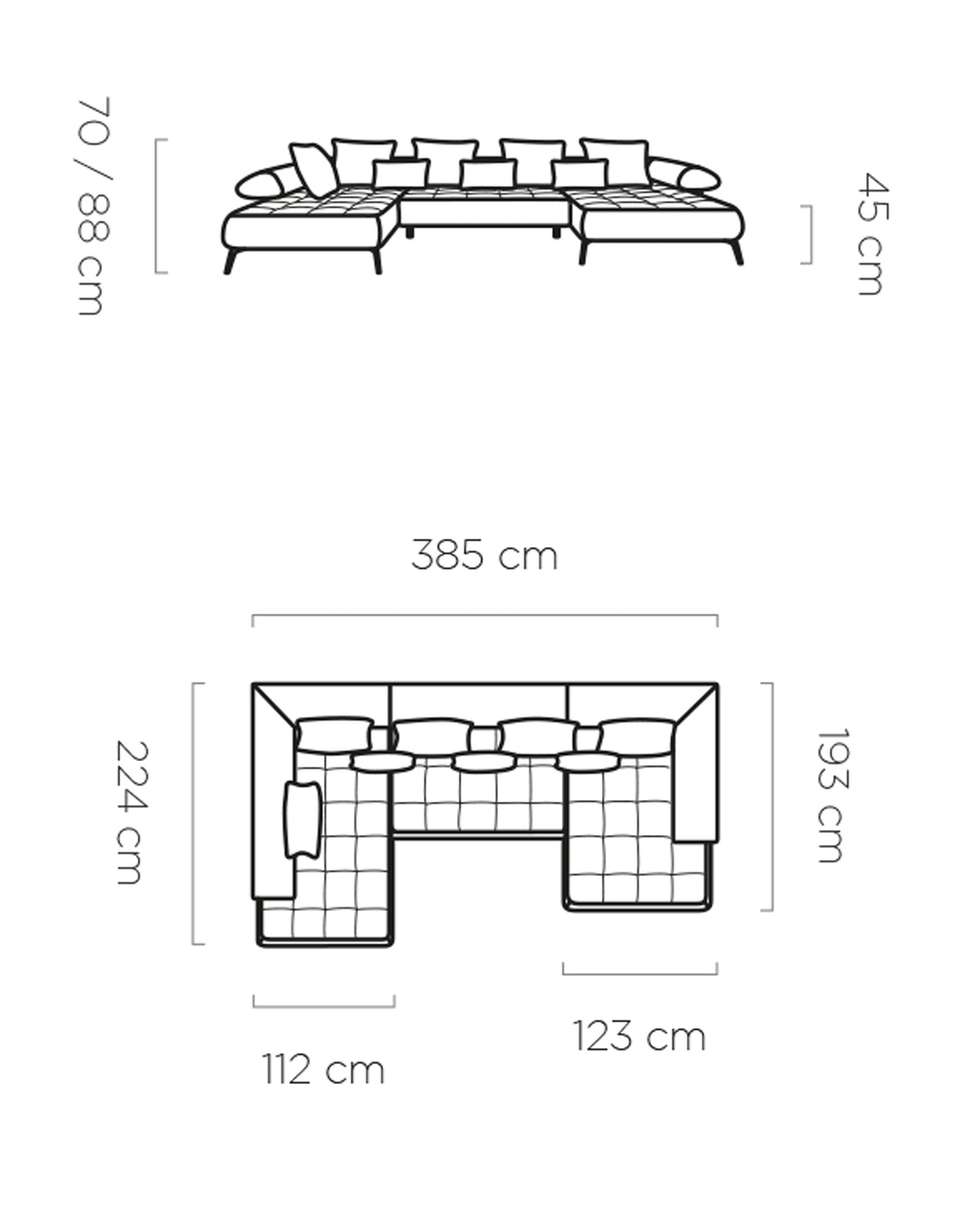 SELEDO XL U SHAPE SOFA WITH ELECTRIC SEAT ADJUSTMENT DIMENSION IMAGE