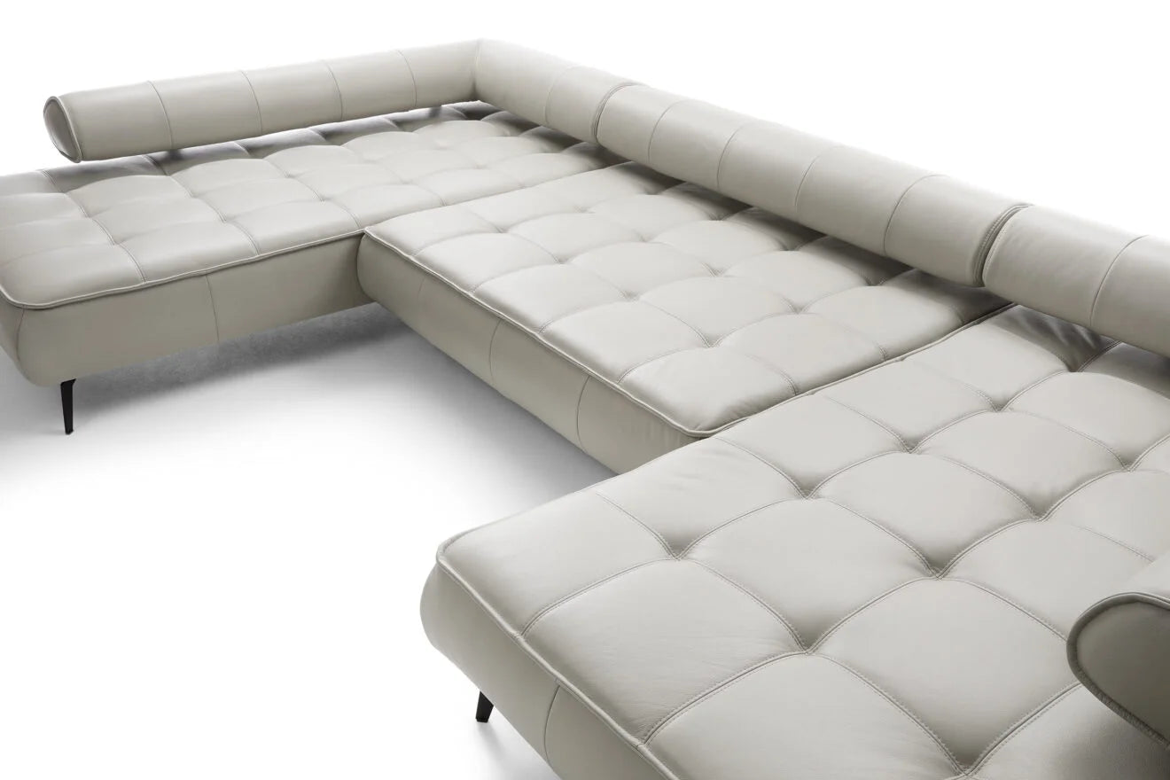 SELEDO XL Large U-Shaped Genuine Leather Corner Sofa with Electrically Extendable Seat off white leather