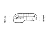 Line drawing of a corner sofa VELPA L with dimensions labeled in centimeters.