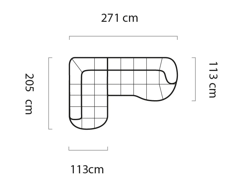 Measurement chart of a corner sofa VELPA L with dimensions labeled in centimeters.