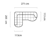 Measurement chart of a corner sofa VELPA L with dimensions labeled in centimeters.