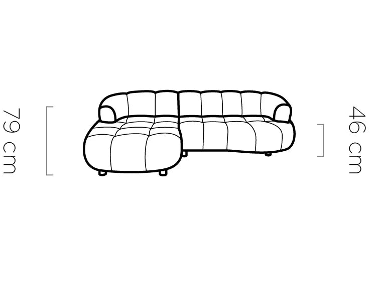 VELPA S Line drawing of a corner sofa with dimensions labeled on a white background