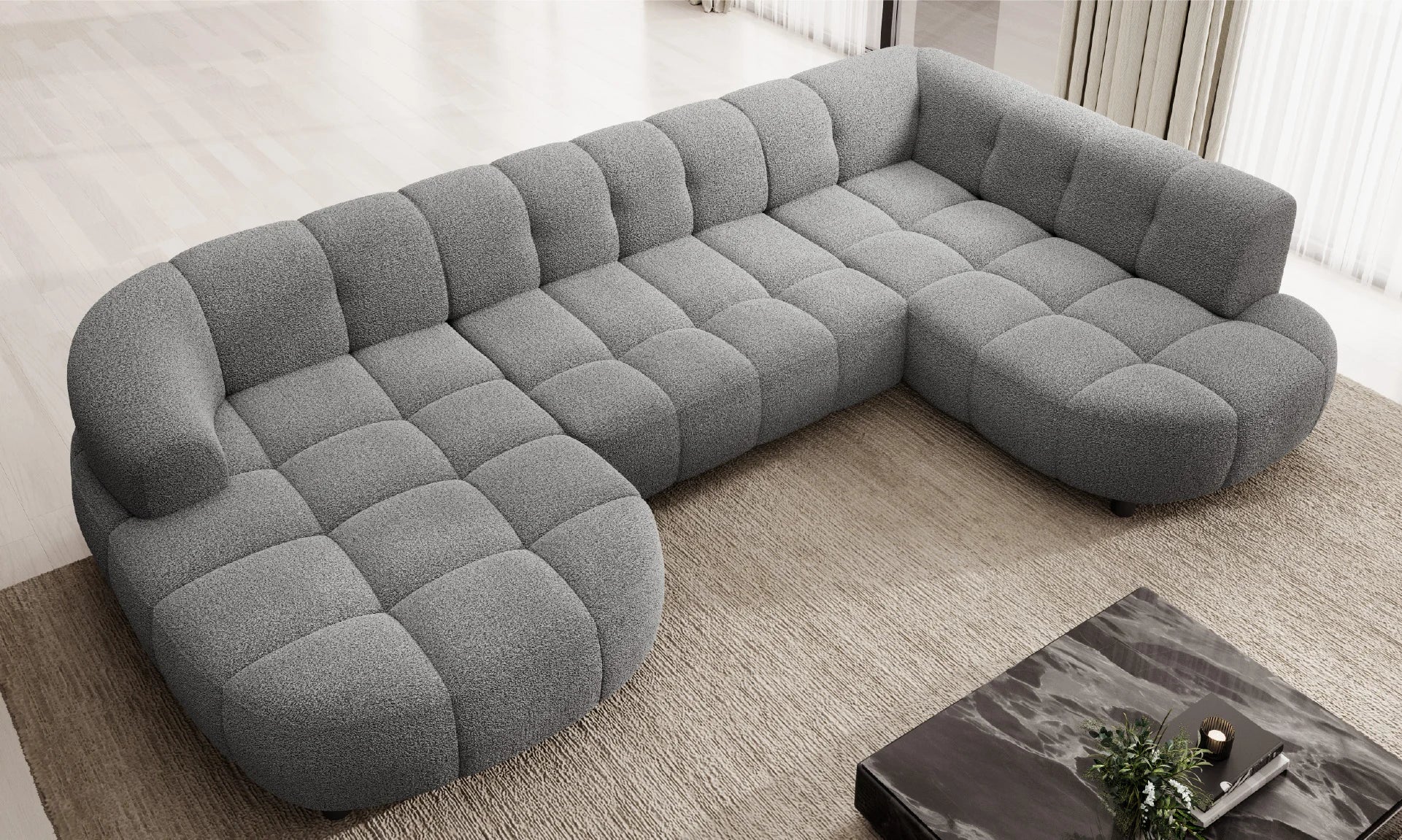 VELPA XL Large U-Shape Gray sectional corner sofa in a living room setting with a coffee table.