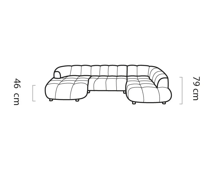 Line drawing of a sectional sofa Velpa XL with dimensions on a white background